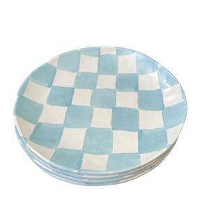 4 pc Blue White Checkered Melamine Round 9" Salad Plates Indoor Outdoor NEW